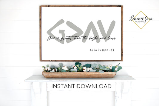 God is greater than the highs and lows - Greek Letters Romans 8:38-39 Bible Verse Printable Sign Wall Art - Instant Download