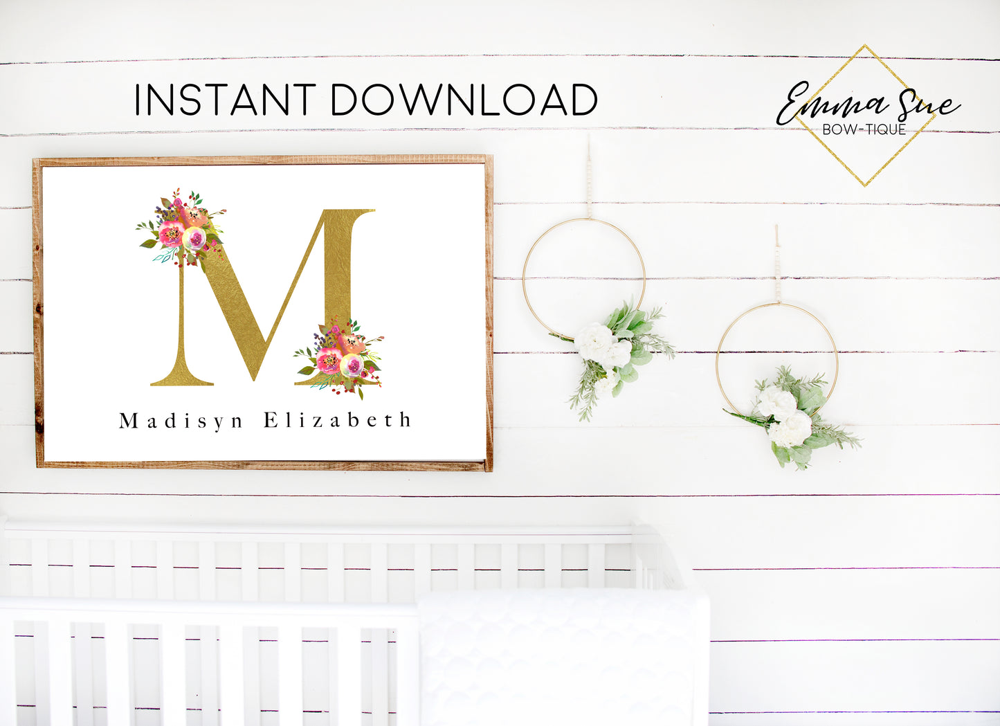Watercolor Floral Personalized Monogram Baby Name Sign Burgundy & Gold - Kid's Room Or Nursery Printable Wall Art - Digital File (Name-gold3624)