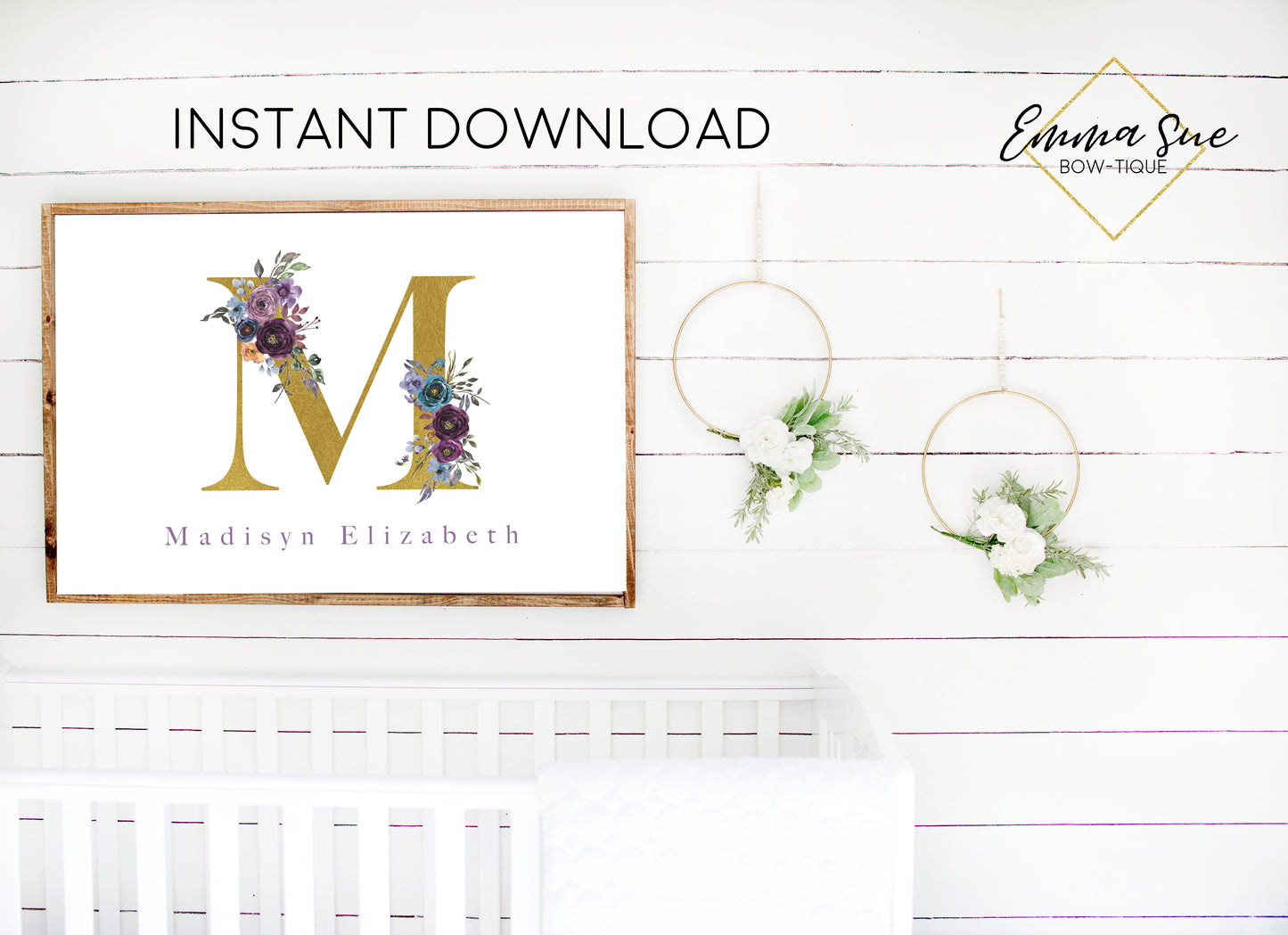 Watercolor Floral Personalized Monogram Baby Name Sign Purple, Steel Blue & Gold Kid's Room Or Nursery Printable Wall Art - Digital File (Name-Purp3624)