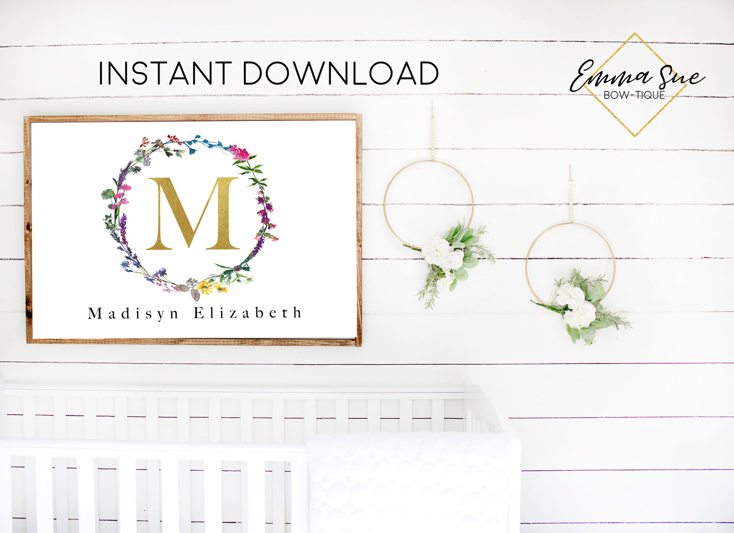 Watercolor Wildflower Wreath Personalized Gold Monogram Baby Name Sign - Kid's Room Or Nursery Printable Wall Art - Digital File (Name-wfwreath3624)