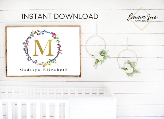 Watercolor Wildflower Wreath Personalized Gold Monogram Baby Name Sign - Kid's Room Or Nursery Printable Wall Art  - Digital File (Name-wfwreath3624)