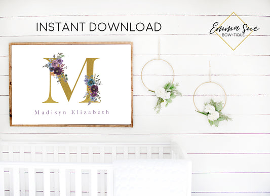 Watercolor Floral Personalized Monogram Baby Name Sign Purple, Steel Blue & Gold Kid's Room Or Nursery Printable Wall Art  - Digital File (Name-Purp3624)