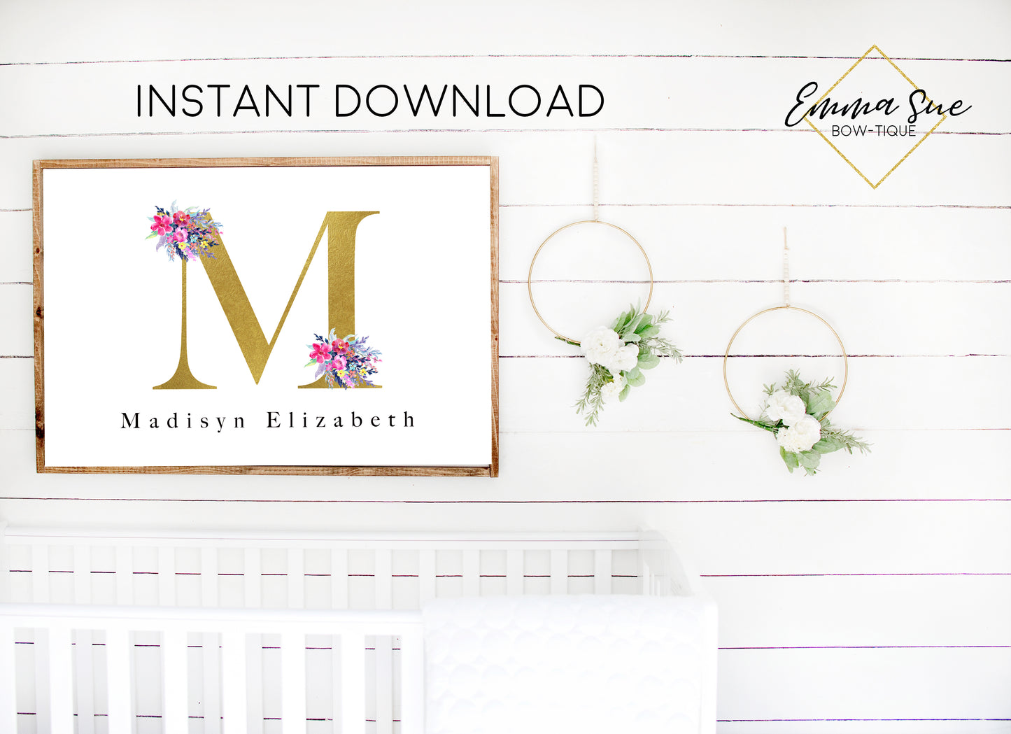 Watercolor Wildflower Floral Personalized Gold Monogram Baby Name Sign - Kid's Room Or Nursery Printable Wall Art  - Digital File (Name-wildflower3624)
