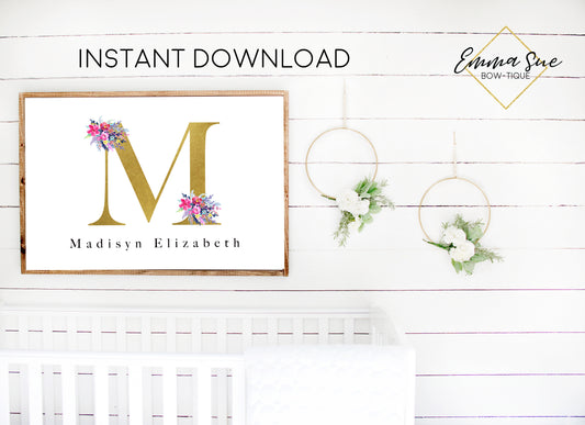 Watercolor Wildflower Floral Personalized Gold Monogram Baby Name Sign - Kid's Room Or Nursery Printable Wall Art  - Digital File (Name-wildflower3624)
