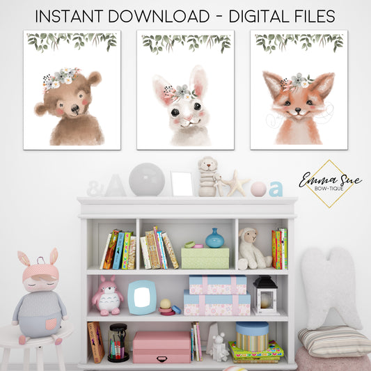 Woodland Forest Animals with Flowers Watercolor Signs - Bunny Fox Bear - Baby Girl Playroom or Nursery Printable Wall Art Sign- Digital File