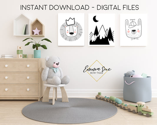 Mountain Adventure Lion & Bear Scandinavian Animals - Kid's Room Or Baby Nursery Printable Wall Art - Digital File