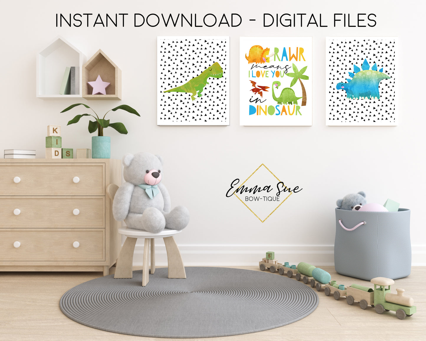 Rawr Means I Love You in Dinosaur Watercolor Set - Kid's Room Or Baby Nursery Printable Wall Art - Digital File