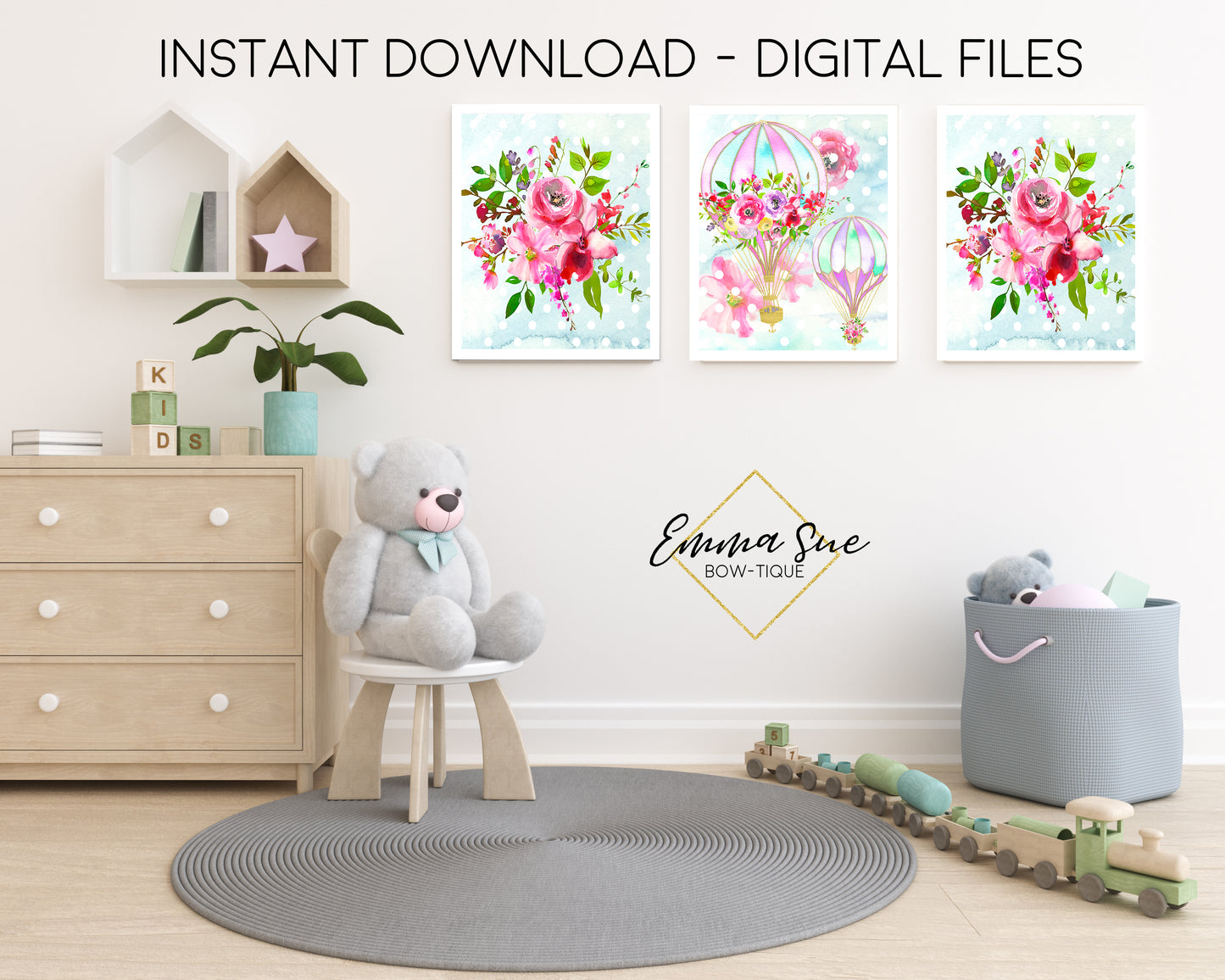 Watercolor Floral Hot Air Balloon Shabby Chic - Kid's Room Or Baby Nursery Printable Wall Art - Digital File