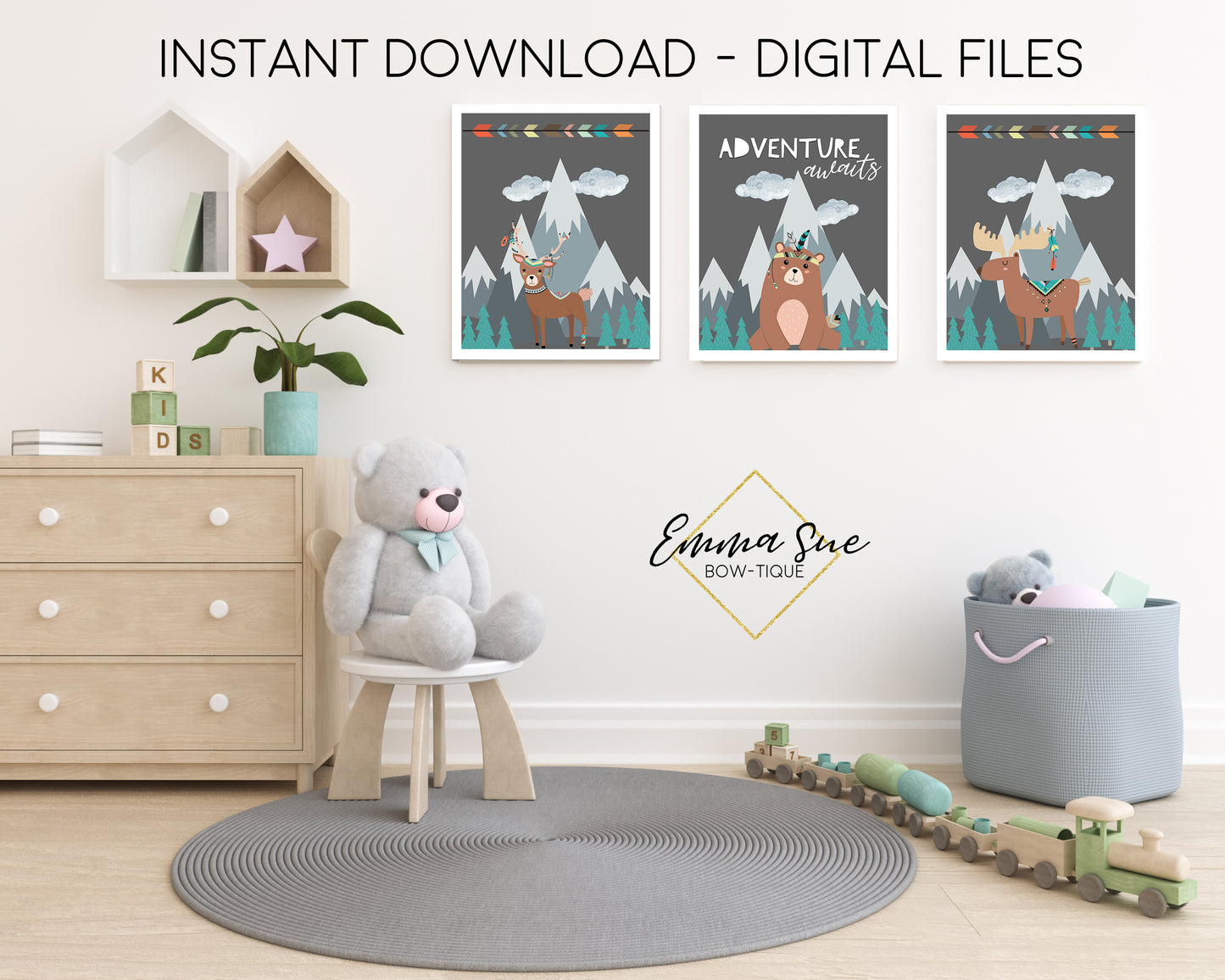 Adventure Awaits Woodland Forest Animals Deer Moose Bear - Kid's Room Or Baby Nursery Printable Wall Art - Digital File