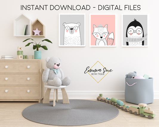 Pink & Grey Scandinavian Animals Fox, Polar Bear, Penguin - Kid's Room Or Baby Nursery Printable Wall Art - Digital File