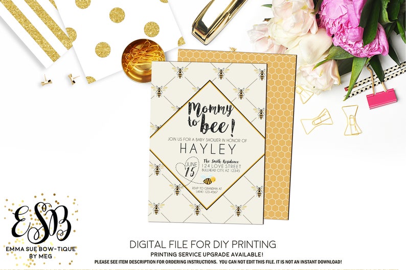 Mommy to Bee - Bumble Bee Baby Shower Invitation- Digital Printable File (Baby-beevintage)