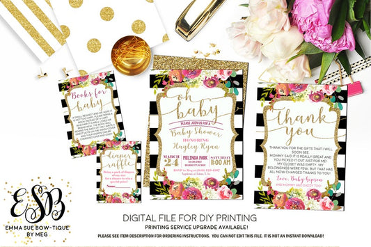 Oh Baby- Fall Floral Black and white stripe - Girl's Baby Shower Invitation- Digital Printable File (Baby-bwfloral)