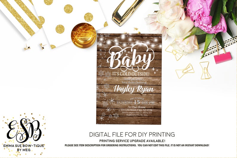 Baby it's Cold Outside - Winter Rustic Wood & string lights Baby Shower Invitation- Digital Printable File (Baby-cold2018)