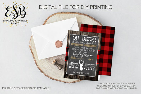 Oh Deer a little buck is almost here - Deer Buffalo plaid Baby Shower Invitation- Digital Printable File (Baby-deerwoodplaid)