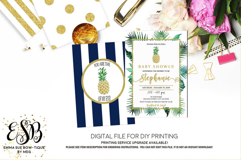 Tropical Pineapple - Pineapple of my eye Baby Shower Luau Invitation- Digital Printable File (Baby-pineapple)