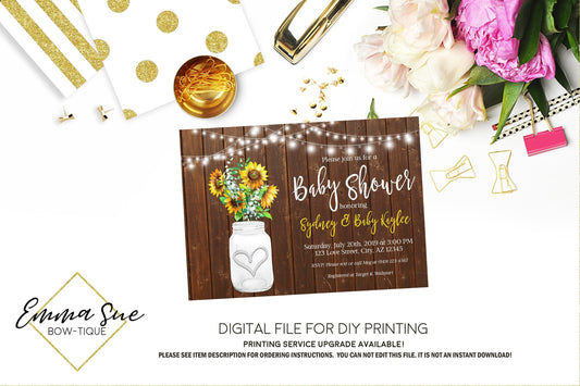 Sunflower Mason Jar - Rustic Wood and string lights country Baby Shower Invitation- Digital Printable File (Baby-sunflowerlights)