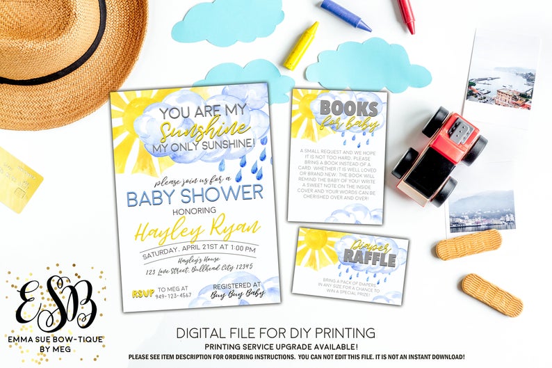 You are my Sunshine - Baby Shower Invitation- Digital Printable File (Baby-sunshineWhite)