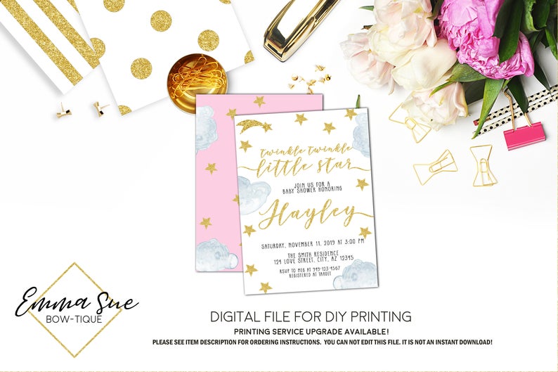 Twinkle Twinkle Little Star - Pink and Gold Girl's Baby Shower Invitation- Digital Printable File (Baby-twinklepnk)