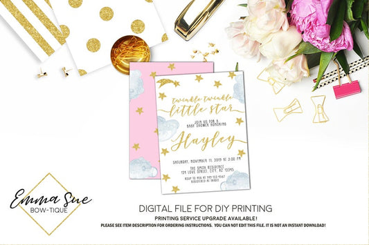 Twinkle Twinkle Little Star - Pink and Gold Girl's Baby Shower Invitation- Digital Printable File  (Baby-twinklepnk)