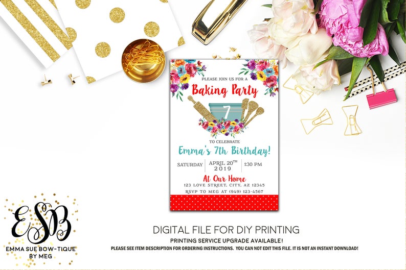 Girl's Baking Birthday Party invitation Printable - Digital File (Baki ...