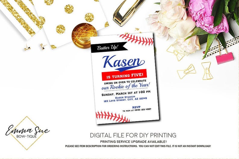 Batter Up Rookie of the Year Baseball Boy's Birthday Party invitation Printable - Digital File (Baseball-white)