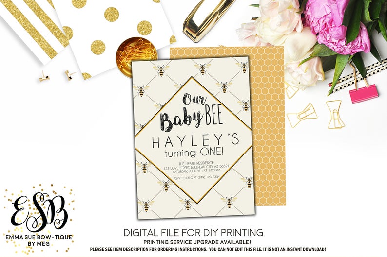 Baby Bee 1st Birthday Party invitation Printable - Digital File  (Bee-vintage Zazz