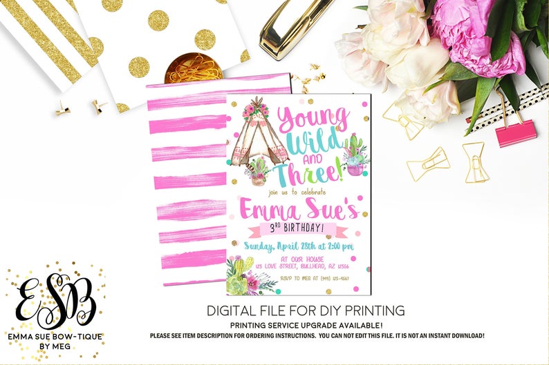 Young Wild and Three Boho Birthday Party invitation Printable - Digital File  (Boho-Tpthree)