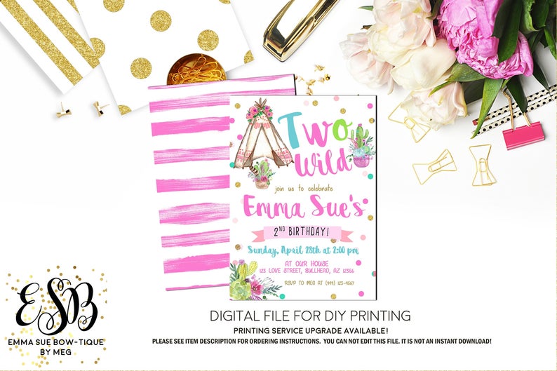 Two Wild Boho Birthday Party invitation Printable - Digital File (Boho-Tptwo)