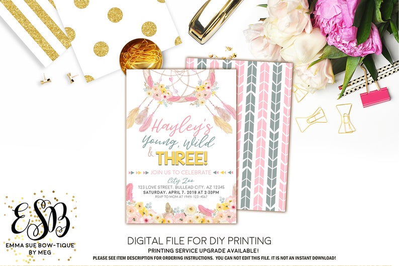 Young Wild and Three Dreamcatcher Boho Birthday Party invitation Printable - Digital File  (Boho-dream2019)