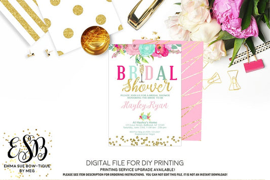 Bridal Shower Champagne Glass - Blush Pink & Mint Floral & Gold Invitation - Digital File Printable (bridal-champboho)