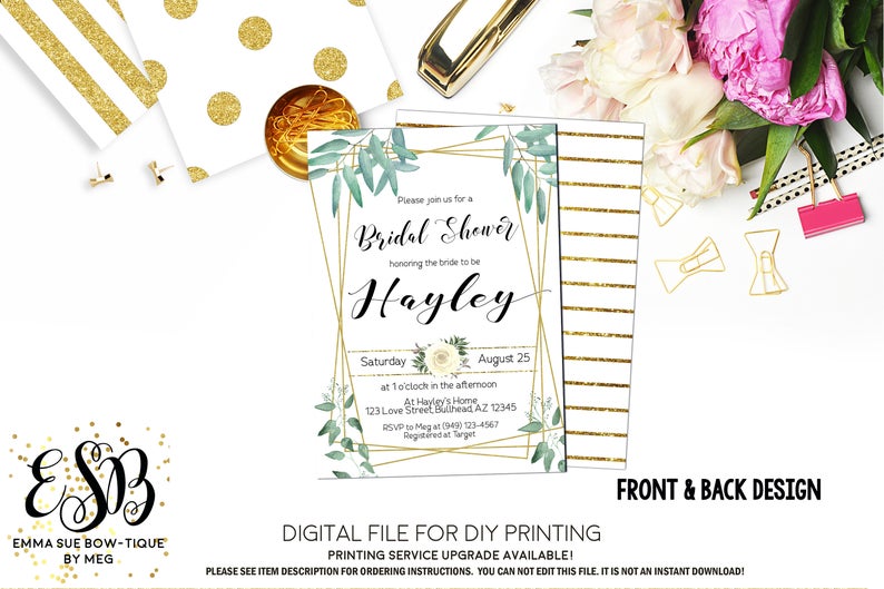 Eucalyptus Leaves Geometric Greenery Bridal Shower Invitation - Digital File Printable (bridal-Eucalyptus1)