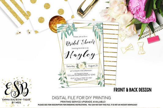 Eucalyptus Leaves Geometric Greenery Bridal Shower Invitation - Digital File Printable (bridal-Eucalyptus1)