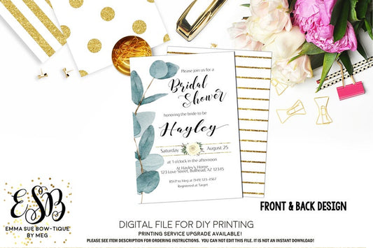 Eucalyptus Leaves Greenery Bridal Shower Invitation - Digital File Printable (bridal-Eucalyptus2)