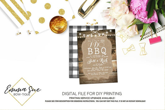 I Do BBQ - Rustic Wood, Burlap, string lights, black and white gingham Bridal Shower Invitation - Digital File Printable (bridal-ido)