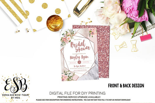 Marble and Blush Pink Floral Geometric Bridal Shower Invitation - Digital File Printable (bridal-blushmarble)