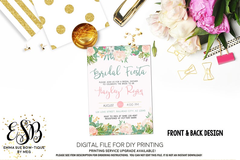 Watercolor Bridal Fiesta Blush Pink Succulent Bridal Shower Invitation - Digital File Printable (bridal-succulentblush)
