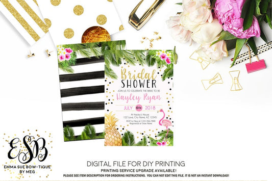 Flamingo Pineapple Tropical Leaves Bridal Shower Invitation - Digital File Printable (bridal-tropleaf)