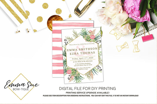 Bridal Shower Succulent Pampas greenery Blush Pink floral Spring Summer Cactus Invitation - Digital Printable File (bridal-succulentgeo)
