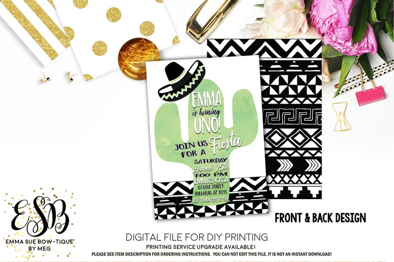 Cactus Uno 1st Birthday Fiesta Birthday Party invitation Printable - Digital File  (cactus-uno)