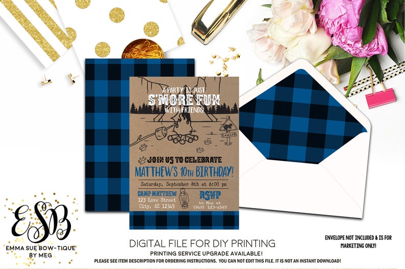 S'more Fun with Friends Buffalo Plaid Birthday Party invitation Printable - Digital File  (camp-smorelbue)