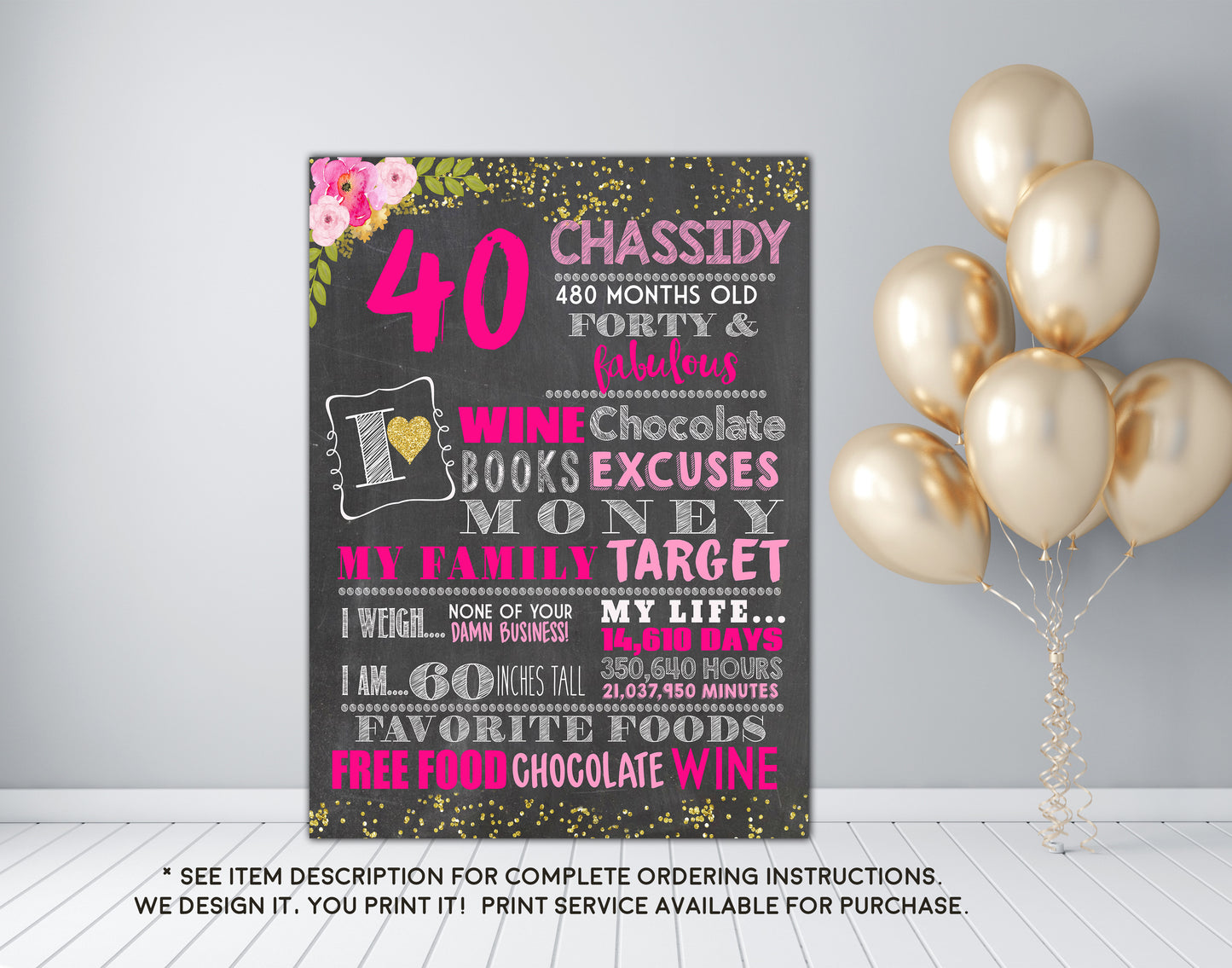 40th Birthday or any age - Adult smash cake photo prop Birthday Personalized Chalkboard Sign DIGITAL FILE