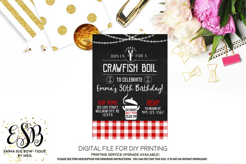 Crawfish Boil Birthday Party Invitation Printable - Digital File  (Craw-boil)