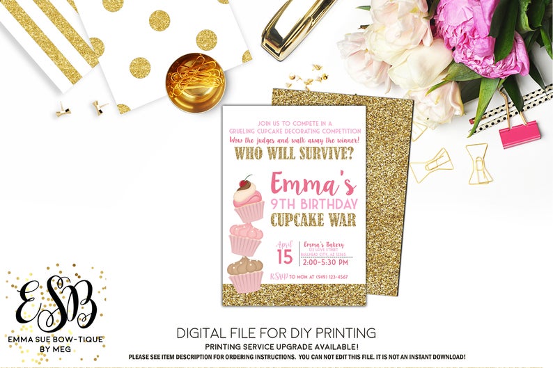 Cupcake War Baking Challenge Birthday Party Invitation Printable - Digital File (Cupcake-wargold01)