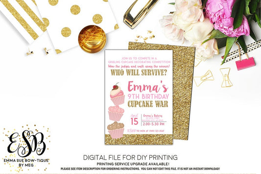 Cupcake War Baking Challenge Birthday Party Invitation Printable - Digital File  (Cupcake-wargold01)