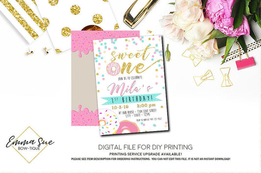 Sweet One - Donut Girl's 1st Birthday Party Invitation Printable - Digital File (Donut-One)