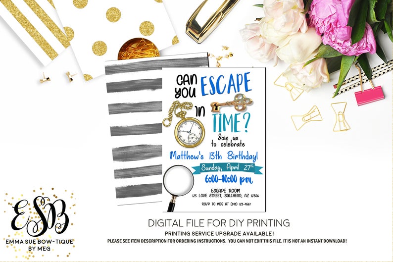 Boy's Escape Room Birthday Party Invitation Printable - Digital File (Escape-RoomBoy)