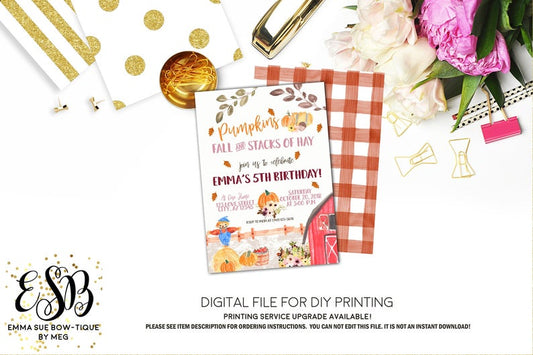 Fall Farm Pumpkin Patch Gingham Birthday Party Invitation Printable - Digital File  (Fall-Farm)