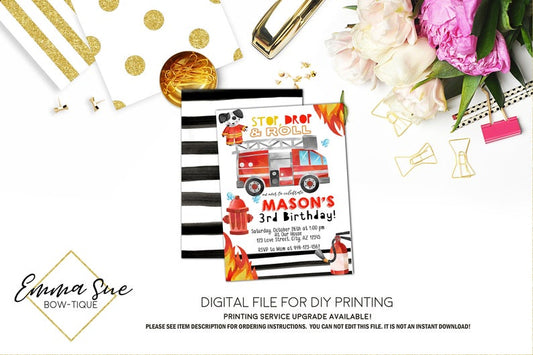 Fireman Fire Truck Kid's Birthday Party Invitation Printable - Digital File  (Fireman-01)