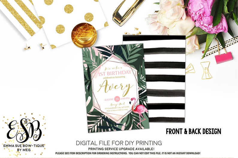 Flamingo Tropical Leaf Birthday Party Invitation Printable - Digital File (Flamingo-Palm)