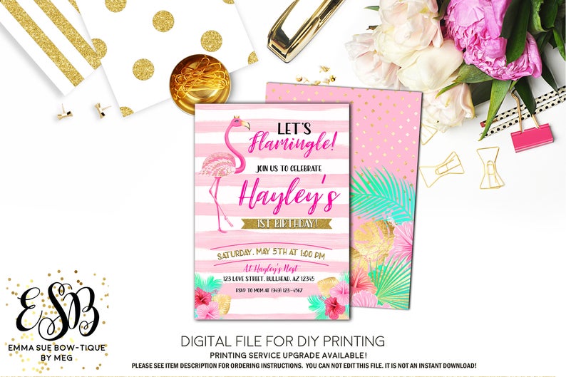 Let's Flamingle - Flamingo Birthday Party Invitation Printable - Digital File (Flamingo-stripePnk)